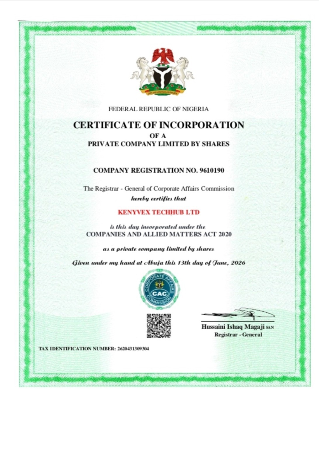 Kenyvex TechHub Ltd CAC Certificate of Incorporation